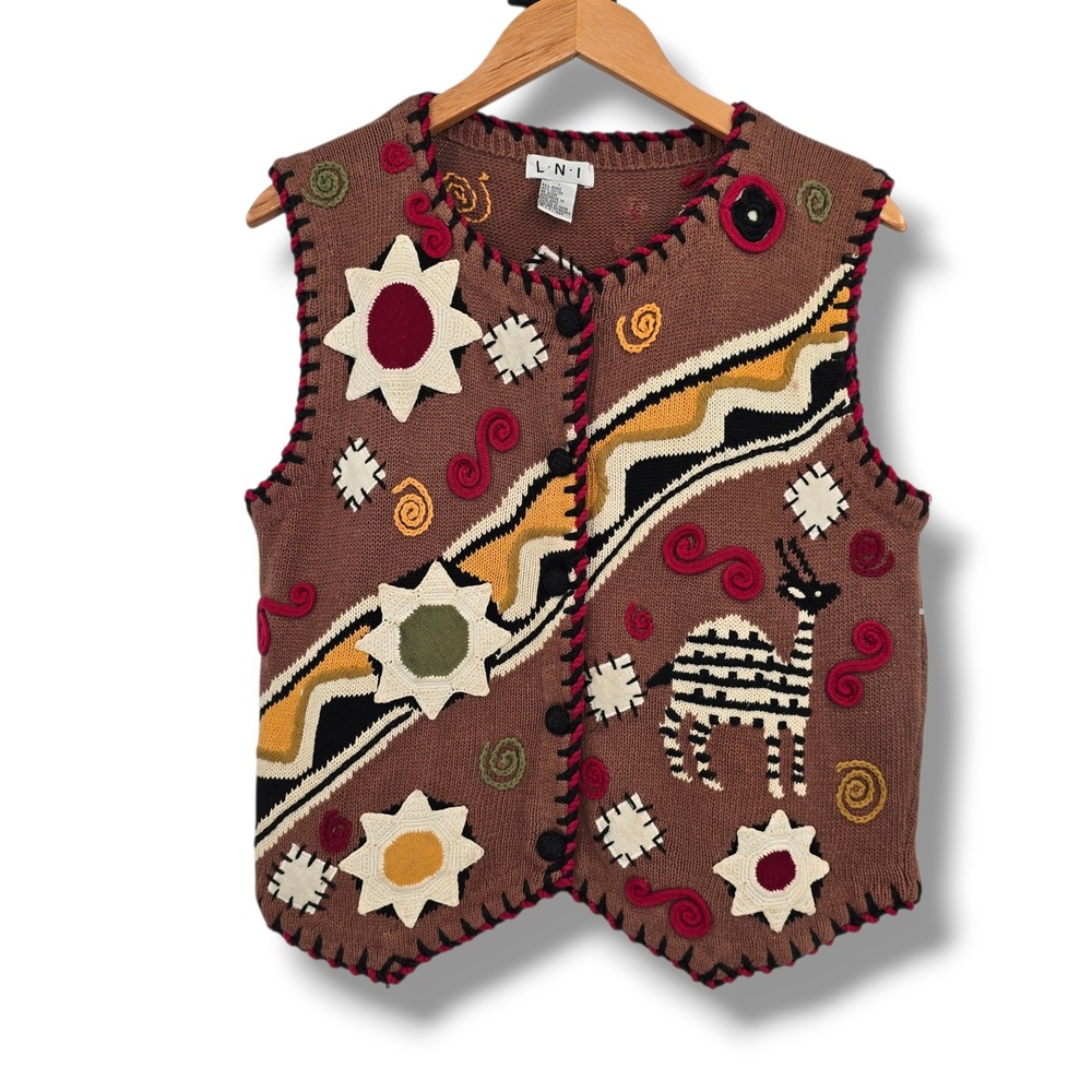 Vintage 1994 LNI Brown Knit Sweater Vest Tribal Sun Zebra Embroidery‎ Small